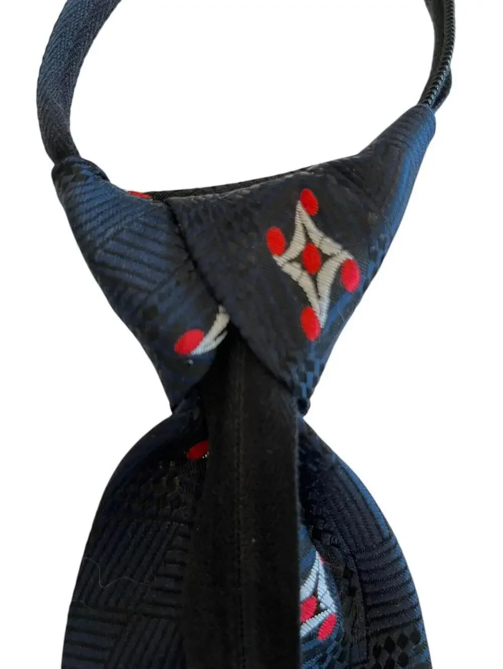 Necktie Navy Blue Zipper Tie Pre Tied Woven with white and red Pattern 1986.1
